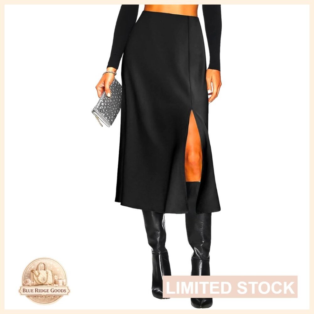 Satin Midi Skirt High Waisted A-Line Side Slit Elegant Chic Party Wear